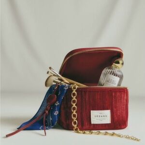 NEW Sézane Red Velvet Cosmetic Pouch with Gold Chain